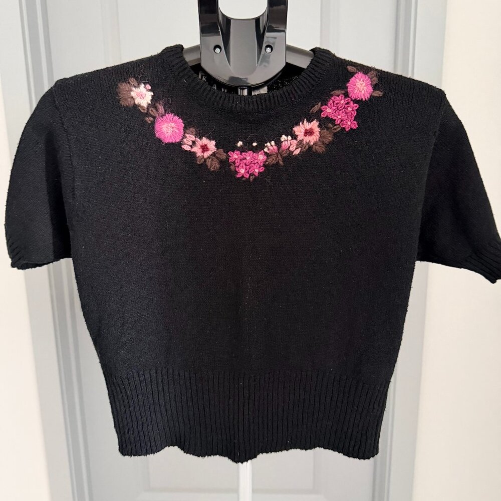 Vtg Kitty Hawk Vivian Wang Silk Cotton Floral 80s Grandmacore Preppy Sweater Lg